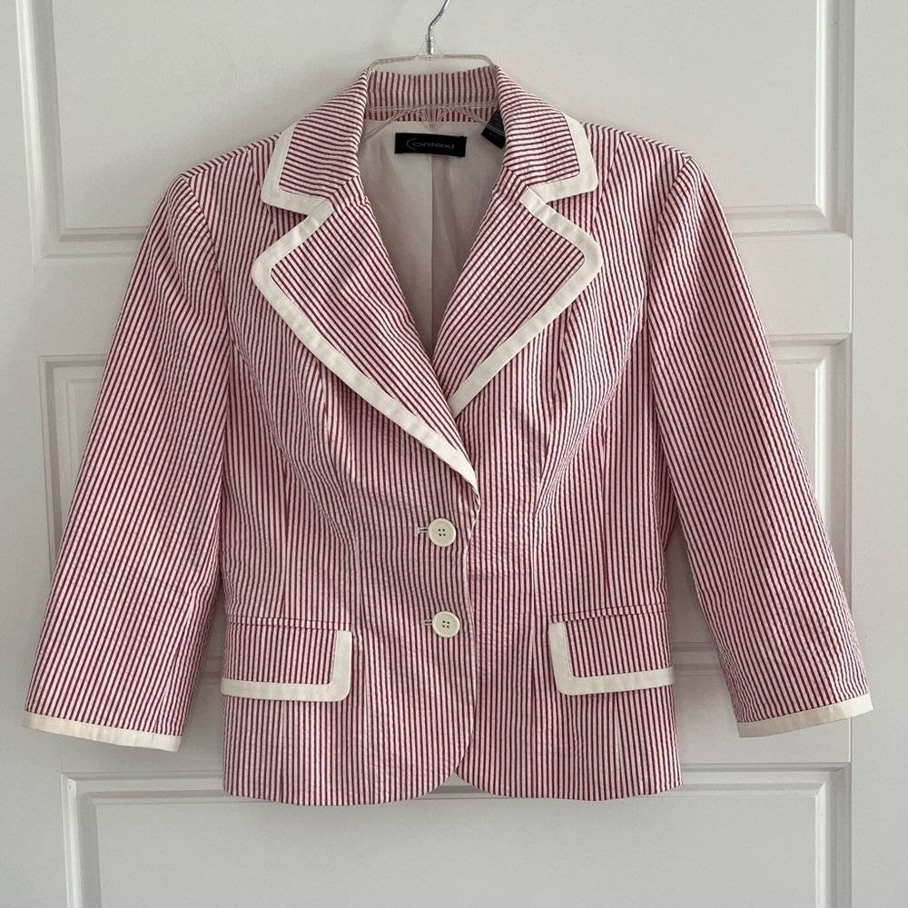 Context Women's Red White Pinstripe Seerseucket 3/4 Sleeve Blazer Jacket Size 4